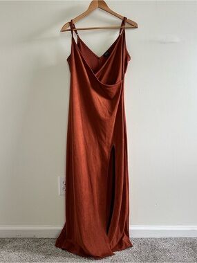 Golden brown Faux wrap maxi dress with front slit- L
